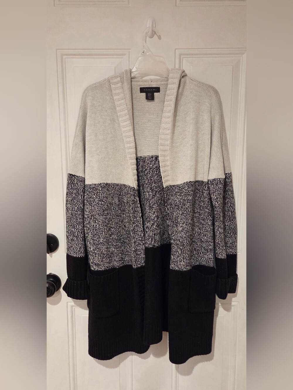 Tahari Two-Tone Hooded Open-Front Cardigan - Black & Ivory
